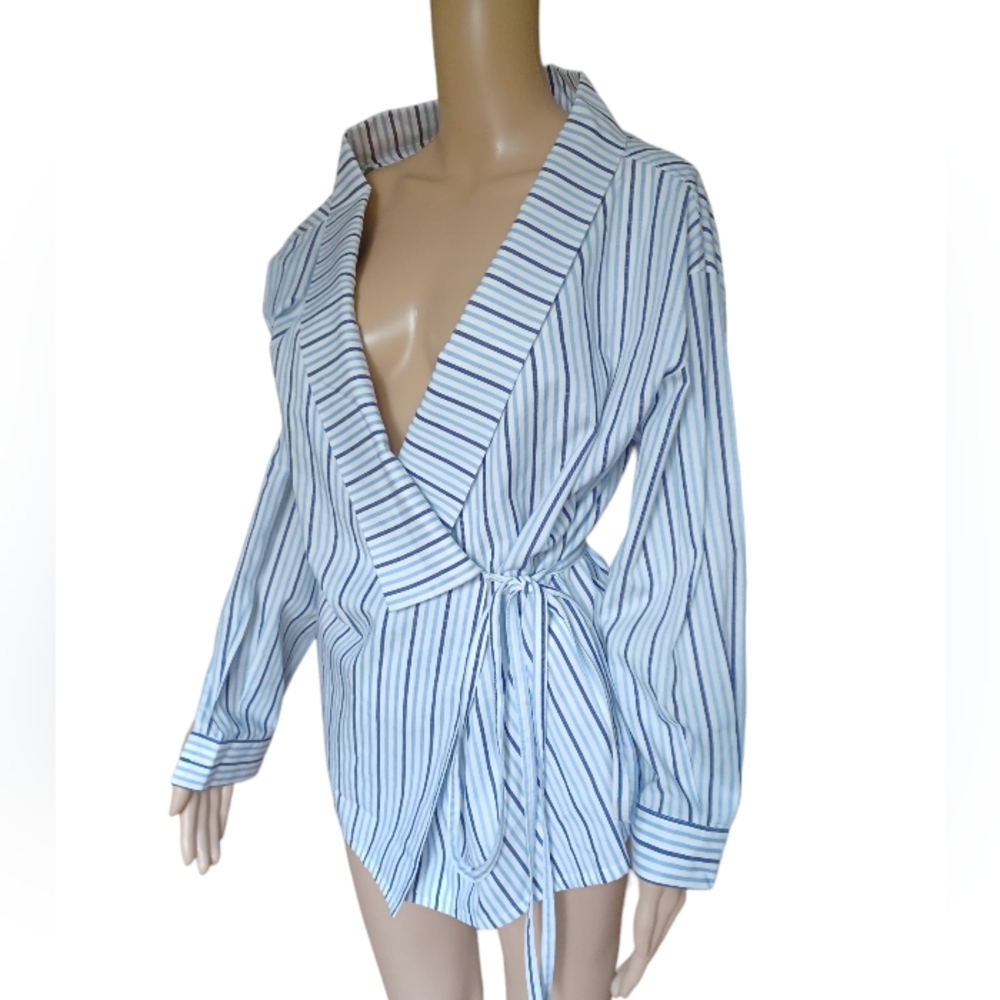 Ste Je Lana Womens Long Sleeve Wrap Top Ruffled V Neckline Striped Size 40